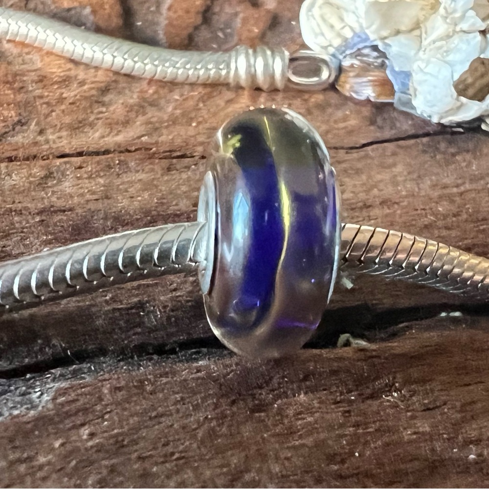 Chamilia Electric Blue Murano Glass Bead Charm Soft Gold Tan Waves Sterling - Picture 2 of 5